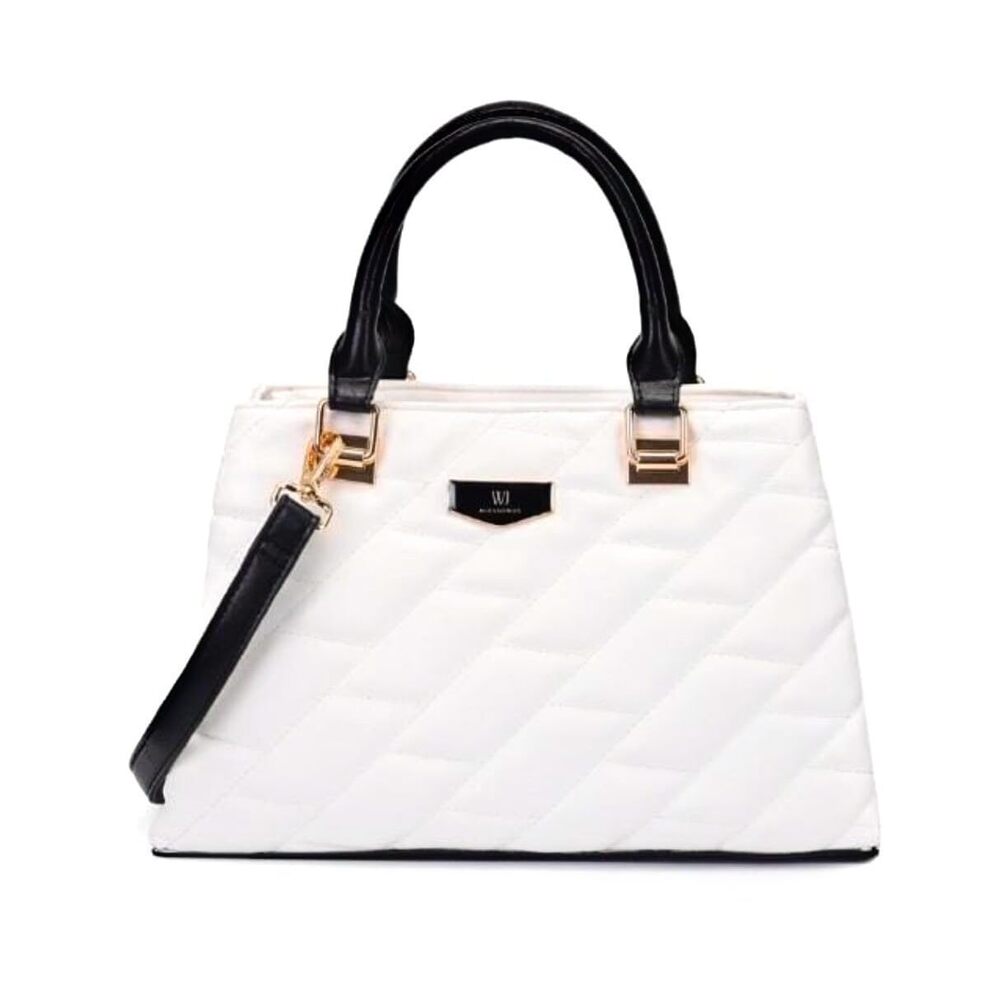 9972 Quilted Handbag with Diagonal Pattern White and Black Gold Hardware